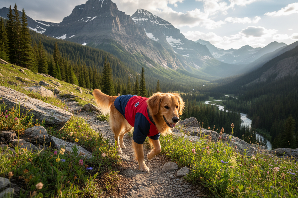 一只狗在野外穿冲锋衣