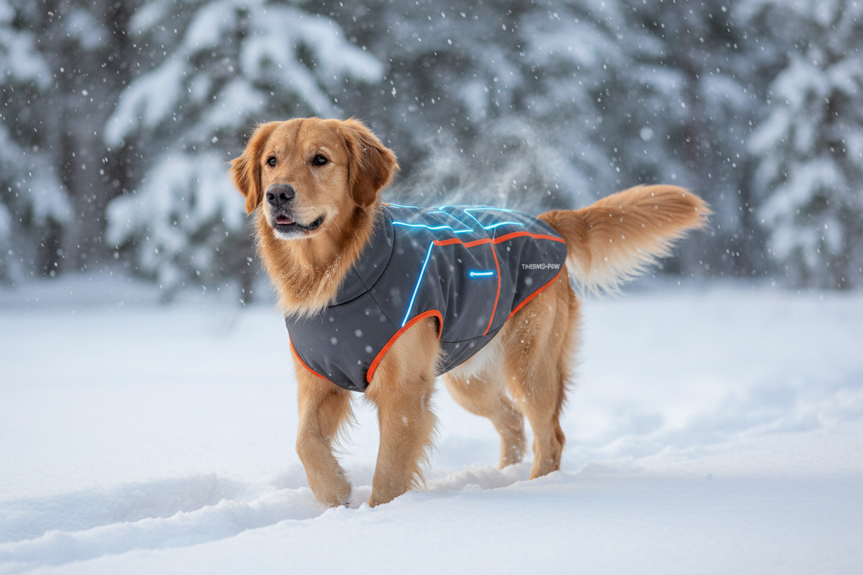 狗穿着电加热夹克在雪地走