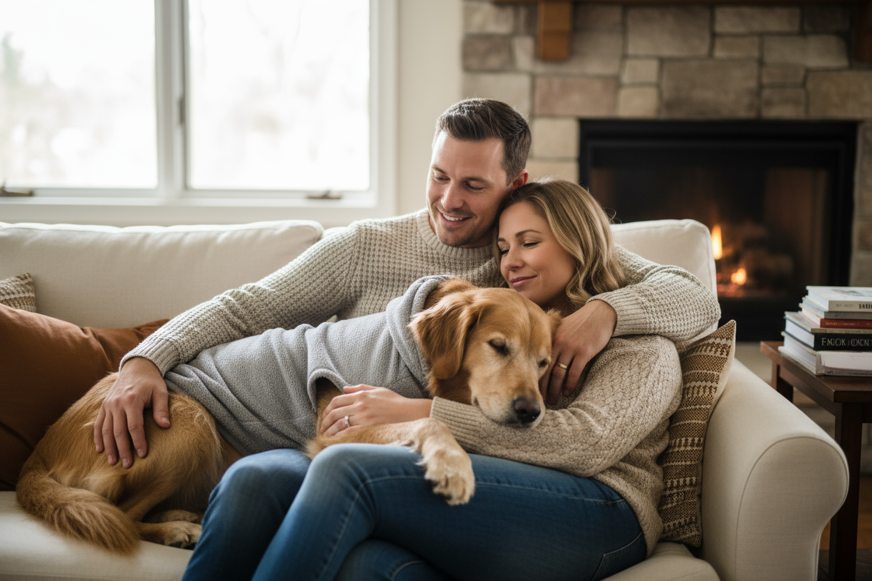 show a man, woman and a dog cuddling while the dog is wearing a hoodie